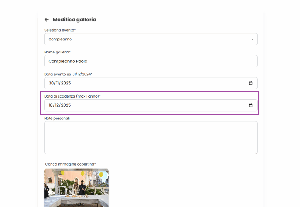 Data di scadenza galleria