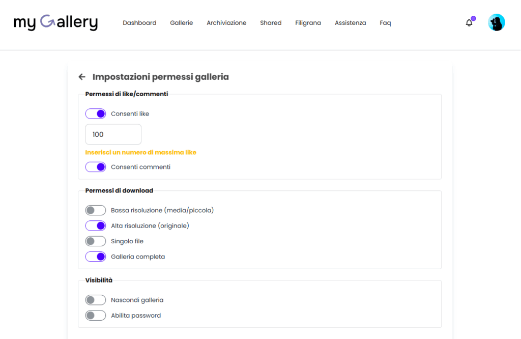 impostazioni galleria